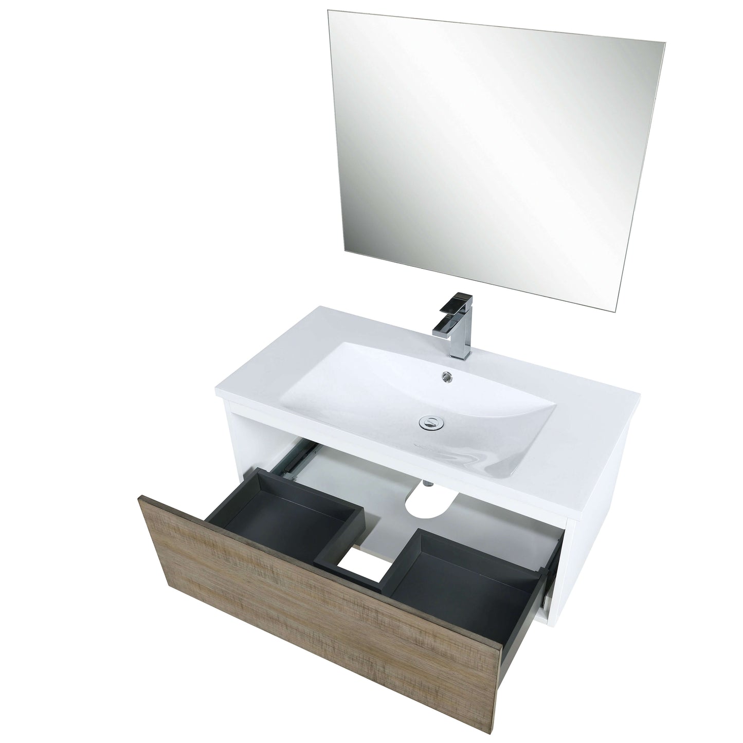 Scopi 36" Rustic Acacia Bathroom Single Vanity, Acrylic Composite Top with Integrated Sink, Labaro Brushed Nickel Faucet Set, and 28" Frameless Mirror - LSC36SRAOSM28FBN