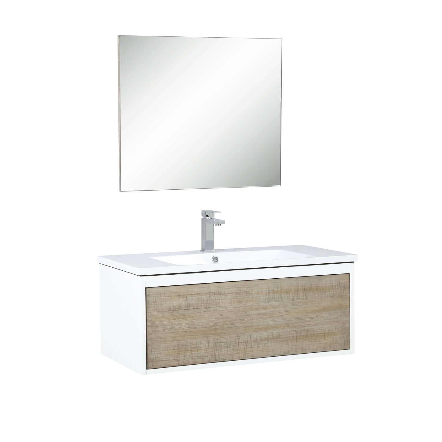 Scopi 36" Rustic Acacia Bathroom Single Vanity, Acrylic Composite Top with Integrated Sink, Labaro Brushed Nickel Faucet Set, and 28" Frameless Mirror - LSC36SRAOSM28FBN