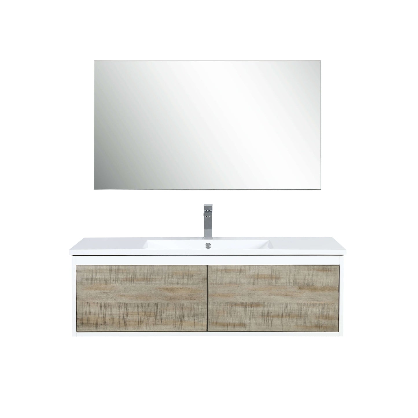 Scopi 48" Rustic Acacia Bathroom Single Vanity, Acrylic Composite Top with Integrated Sink, Labaro Brushed Nickel Faucet Set, and 43" Frameless Mirror - LSC48SRAOSM43FBN