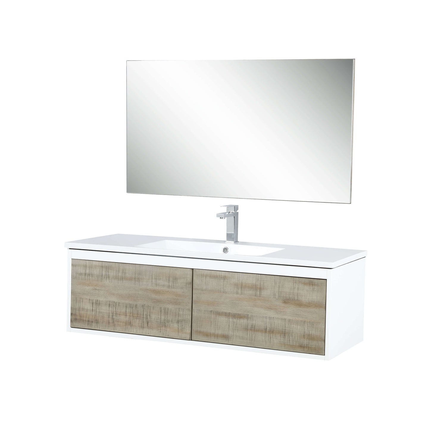 Scopi 48" Rustic Acacia Bathroom Single Vanity, Acrylic Composite Top with Integrated Sink, Labaro Brushed Nickel Faucet Set, and 43" Frameless Mirror - LSC48SRAOSM43FBN