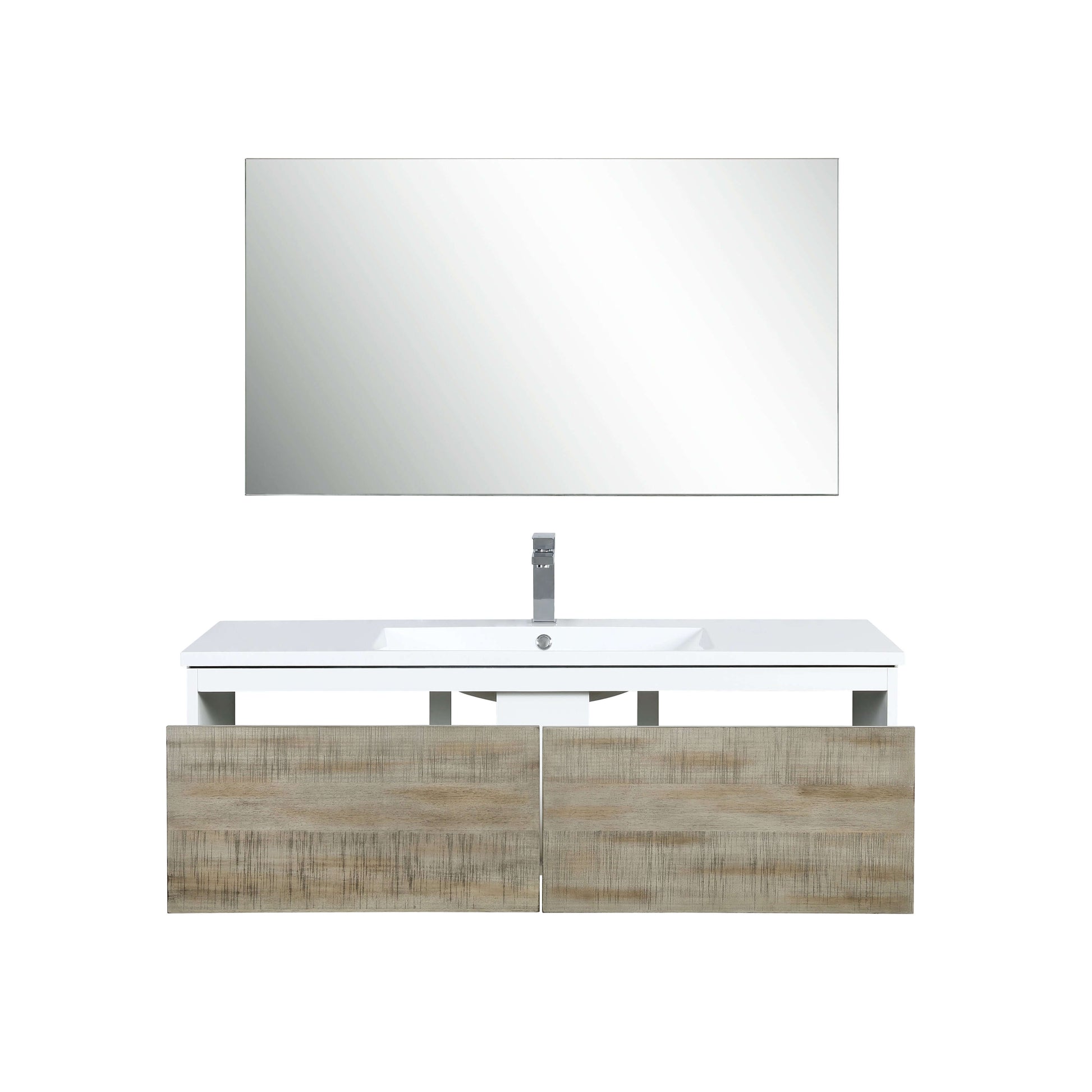 Scopi 48" Rustic Acacia Bathroom Single Vanity, Acrylic Composite Top with Integrated Sink, Labaro Brushed Nickel Faucet Set, and 43" Frameless Mirror - LSC48SRAOSM43FBN