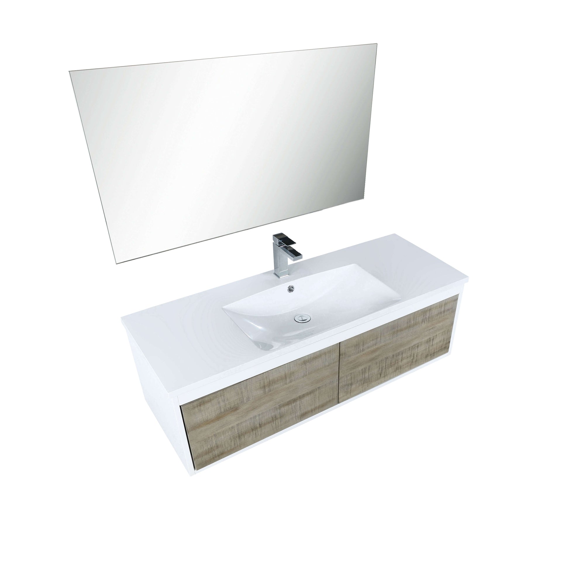 Scopi 48" Rustic Acacia Bathroom Single Vanity, Acrylic Composite Top with Integrated Sink, Labaro Brushed Nickel Faucet Set, and 43" Frameless Mirror - LSC48SRAOSM43FBN