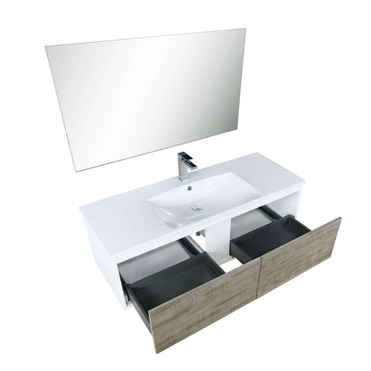 Scopi 48" Rustic Acacia Bathroom Single Vanity, Acrylic Composite Top with Integrated Sink, Labaro Brushed Nickel Faucet Set, and 43" Frameless Mirror - LSC48SRAOSM43FBN