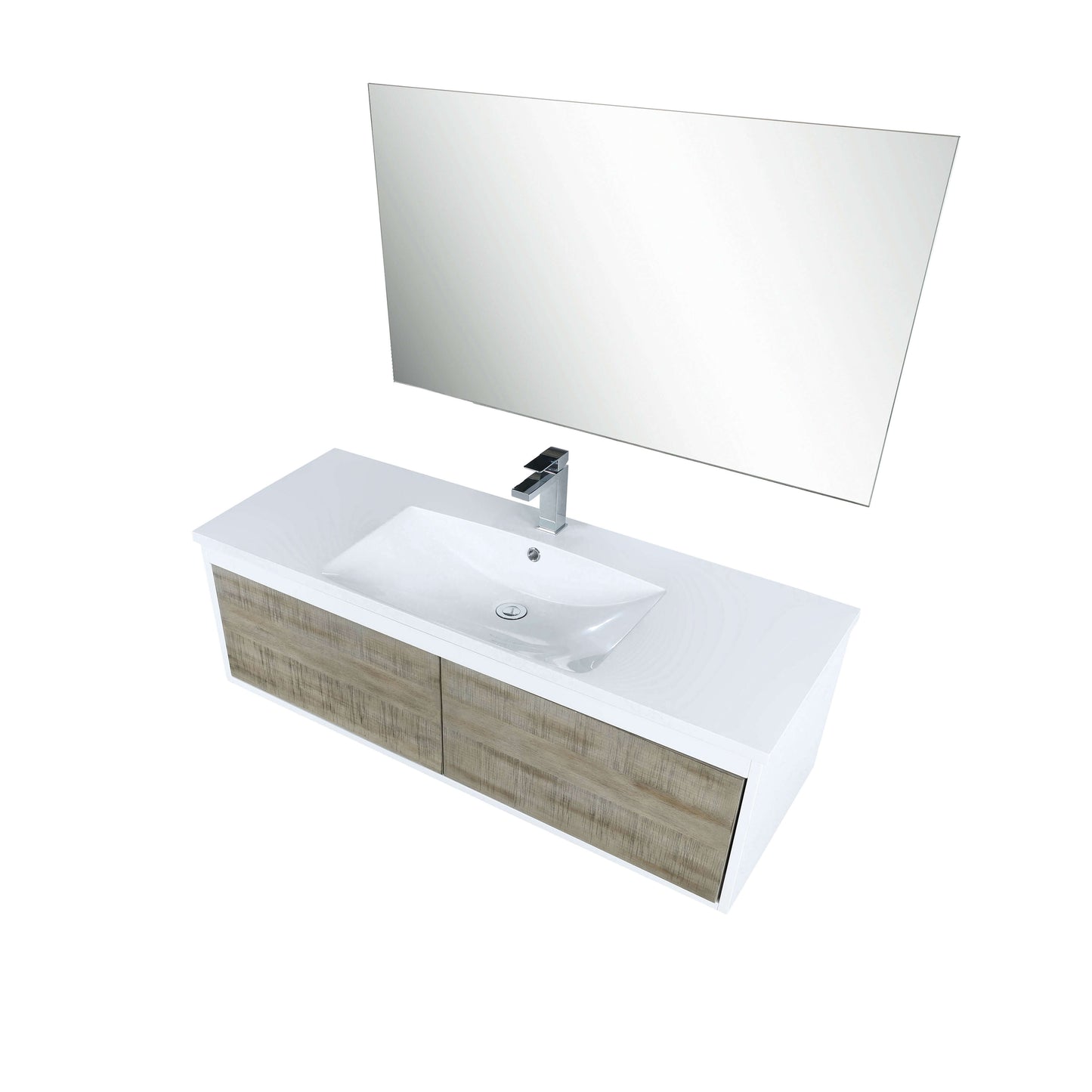 Scopi 48" Rustic Acacia Bathroom Single Vanity, Acrylic Composite Top with Integrated Sink, Labaro Brushed Nickel Faucet Set, and 43" Frameless Mirror - LSC48SRAOSM43FBN