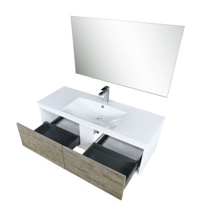 Scopi 48" Rustic Acacia Bathroom Single Vanity, Acrylic Composite Top with Integrated Sink, Labaro Brushed Nickel Faucet Set, and 43" Frameless Mirror - LSC48SRAOSM43FBN