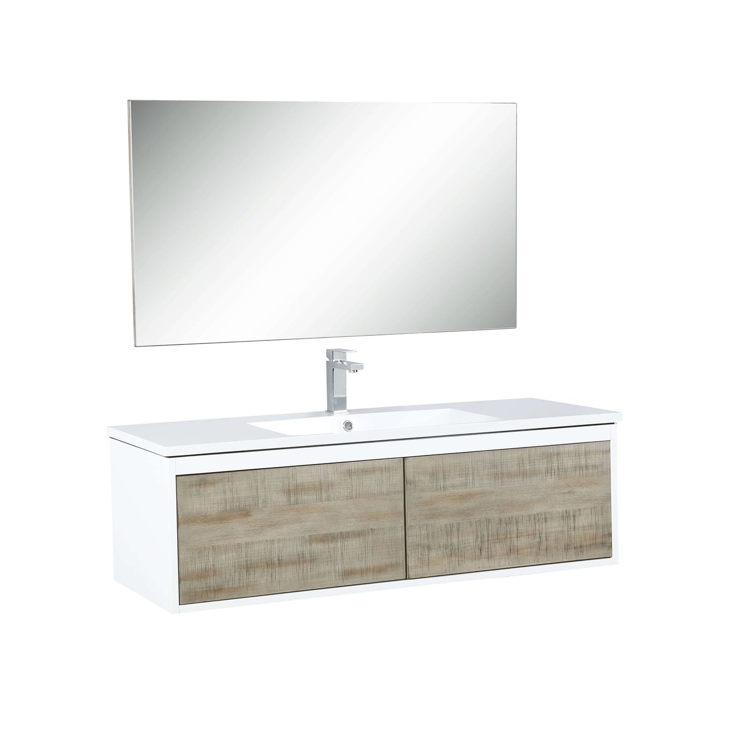 Scopi 48" Rustic Acacia Bathroom Single Vanity, Acrylic Composite Top with Integrated Sink, Labaro Brushed Nickel Faucet Set, and 43" Frameless Mirror - LSC48SRAOSM43FBN