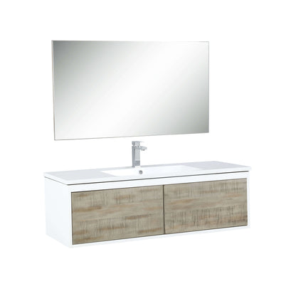 Scopi 48" Rustic Acacia Bathroom Single Vanity, Acrylic Composite Top with Integrated Sink, Labaro Brushed Nickel Faucet Set, and 43" Frameless Mirror - LSC48SRAOSM43FBN