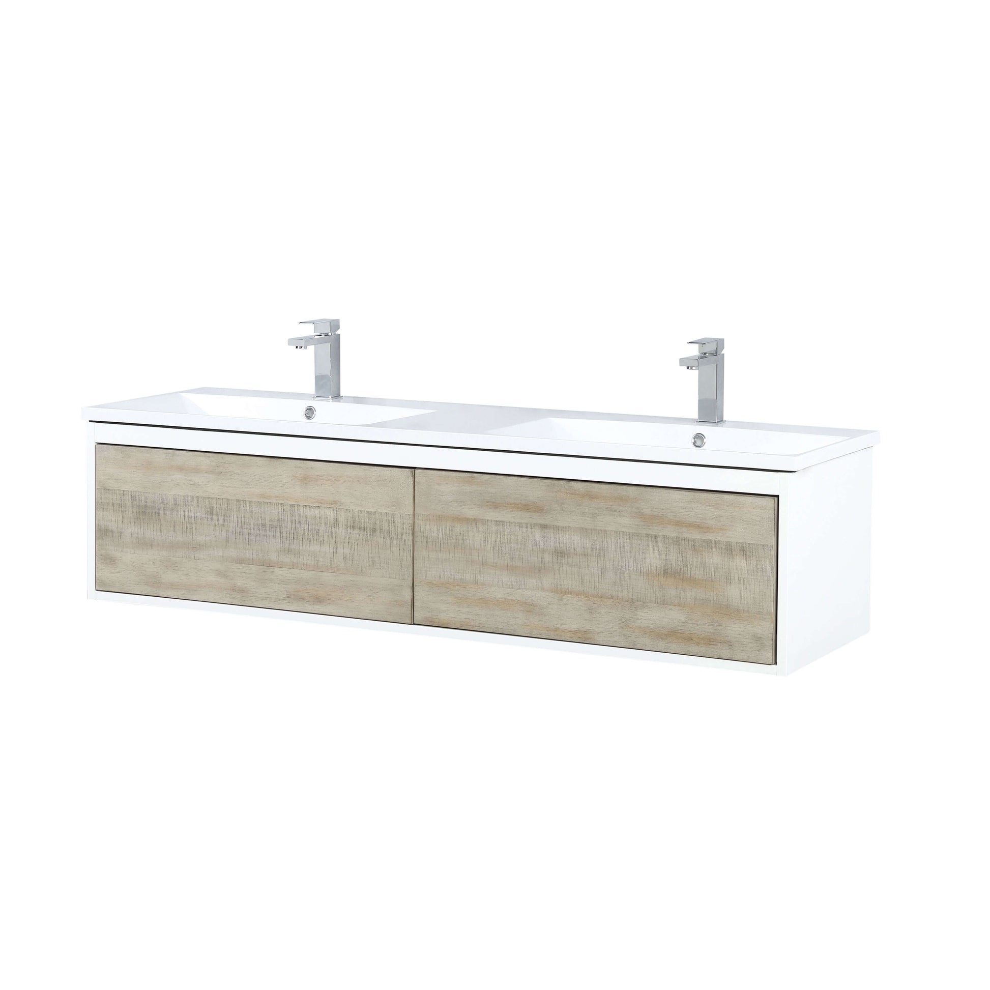 Scopi 60" Rustic Acacia Double Bathroom Vanity, Acrylic Composite Top with Integrated Sinks, and Labaro Brushed Nickel Faucet Set - LSC60DRAOS000FBN