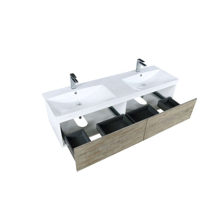 Scopi 60" Rustic Acacia Double Bathroom Vanity, Acrylic Composite Top with Integrated Sinks, and Labaro Brushed Nickel Faucet Set - LSC60DRAOS000FBN