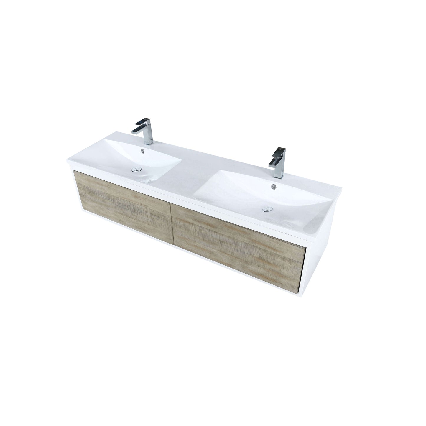 Scopi 60" Rustic Acacia Double Bathroom Vanity, Acrylic Composite Top with Integrated Sinks, and Labaro Brushed Nickel Faucet Set - LSC60DRAOS000FBN