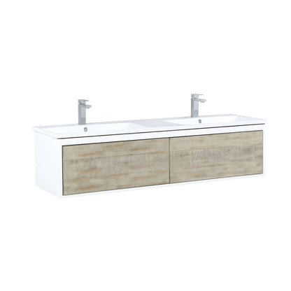 Scopi 60" Rustic Acacia Double Bathroom Vanity, Acrylic Composite Top with Integrated Sinks, and Labaro Brushed Nickel Faucet Set - LSC60DRAOS000FBN