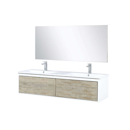 Scopi 60" Rustic Acacia Double Bathroom Vanity, Acrylic Composite Top with Integrated Sinks, Labaro Brushed Nickel Faucet Set, and 55" Frameless Mirror - LSC60DRAOSM55FBN