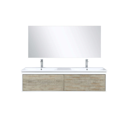 Scopi 60" Rustic Acacia Double Bathroom Vanity, Acrylic Composite Top with Integrated Sinks, Labaro Brushed Nickel Faucet Set, and 55" Frameless Mirror - LSC60DRAOSM55FBN