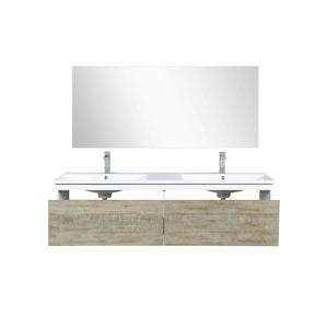 Scopi 60" Rustic Acacia Double Bathroom Vanity, Acrylic Composite Top with Integrated Sinks, Labaro Brushed Nickel Faucet Set, and 55" Frameless Mirror - LSC60DRAOSM55FBN