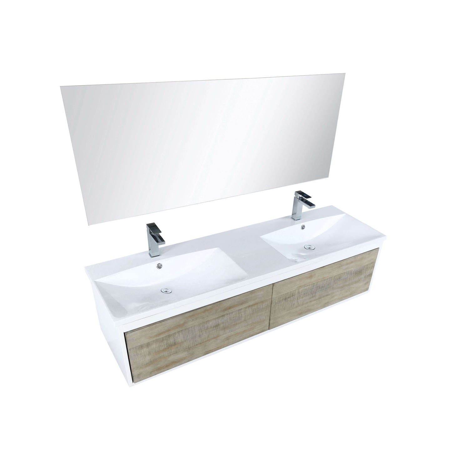 Scopi 60" Rustic Acacia Double Bathroom Vanity, Acrylic Composite Top with Integrated Sinks, Labaro Brushed Nickel Faucet Set, and 55" Frameless Mirror - LSC60DRAOSM55FBN