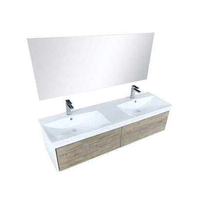 Scopi 60" Rustic Acacia Double Bathroom Vanity, Acrylic Composite Top with Integrated Sinks, Labaro Brushed Nickel Faucet Set, and 55" Frameless Mirror - LSC60DRAOSM55FBN