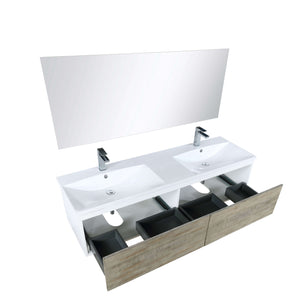 Scopi 60" Rustic Acacia Double Bathroom Vanity, Acrylic Composite Top with Integrated Sinks, Labaro Brushed Nickel Faucet Set, and 55" Frameless Mirror - LSC60DRAOSM55FBN