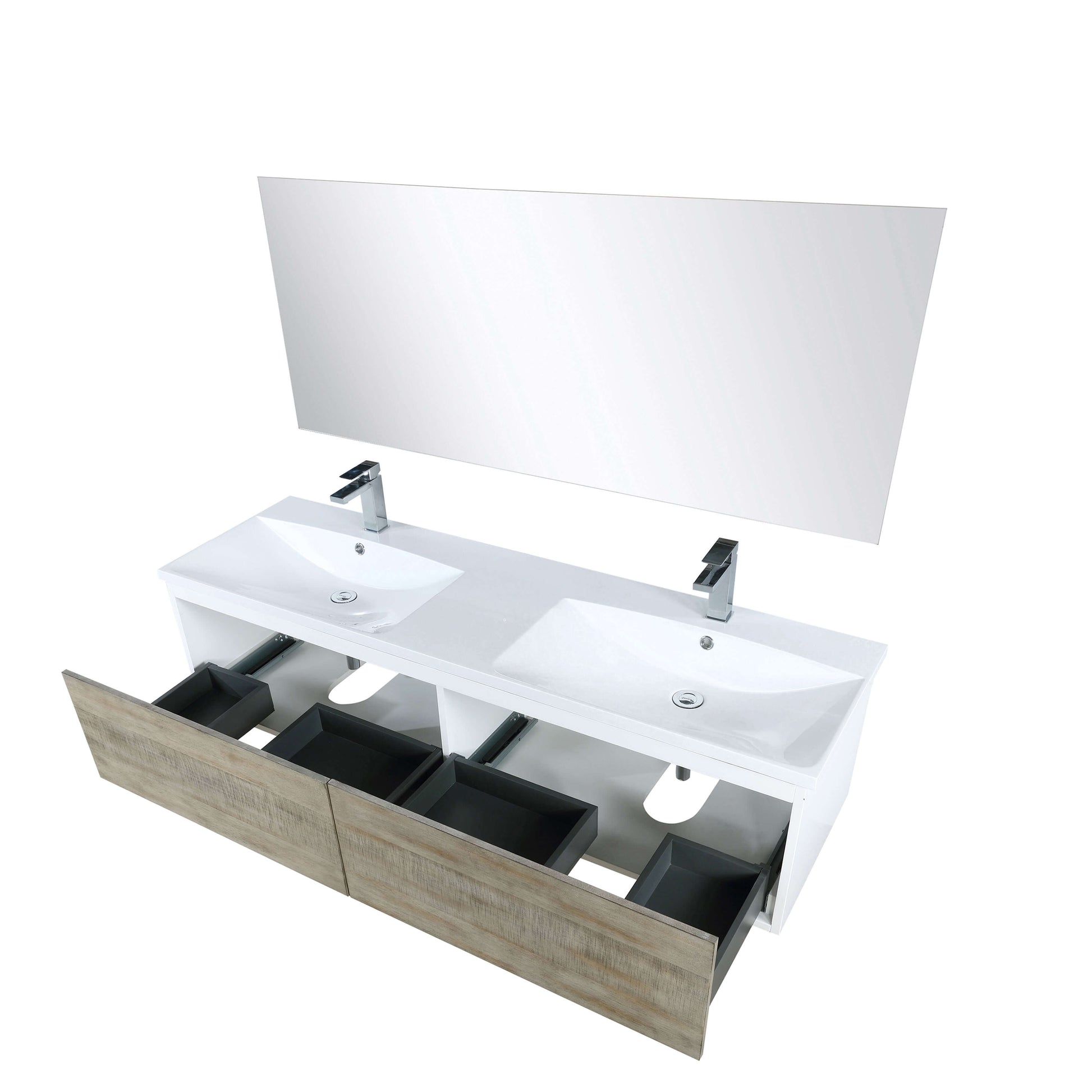 Scopi 60" Rustic Acacia Double Bathroom Vanity, Acrylic Composite Top with Integrated Sinks, Labaro Brushed Nickel Faucet Set, and 55" Frameless Mirror - LSC60DRAOSM55FBN