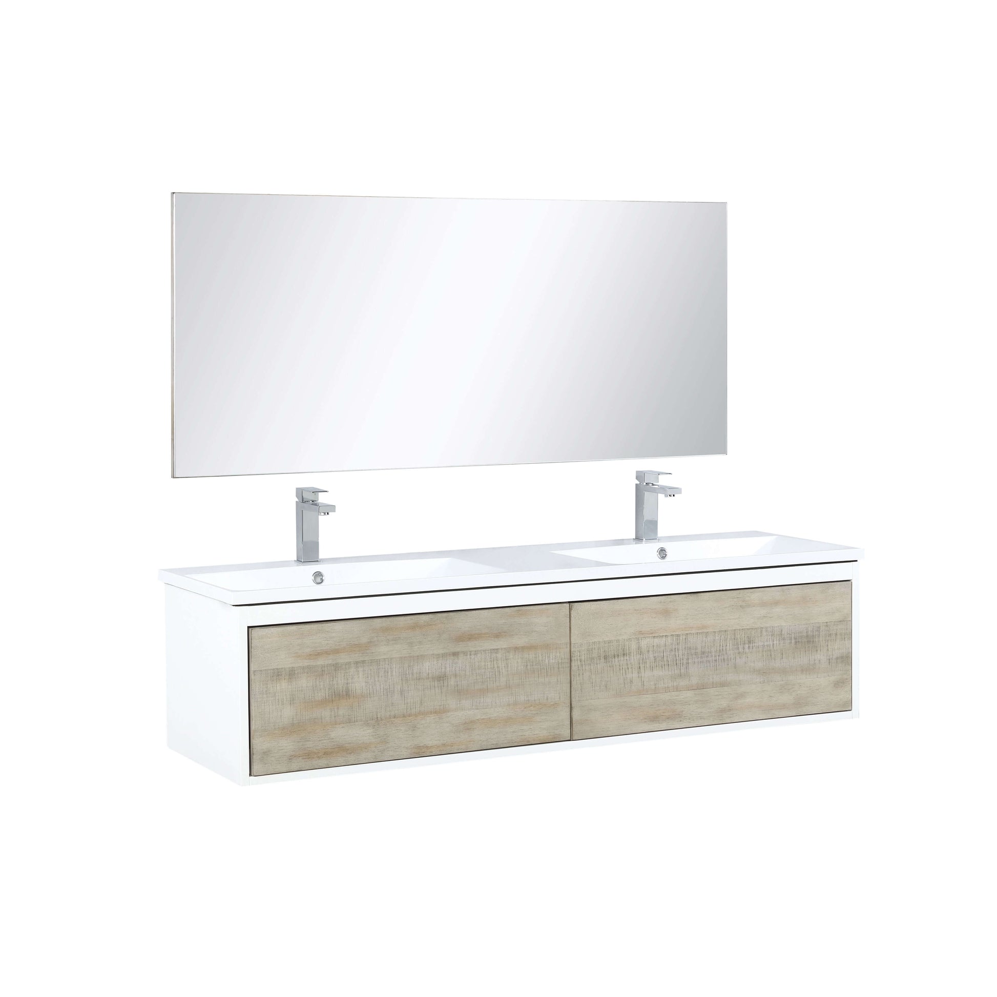 Scopi 60" Rustic Acacia Double Bathroom Vanity, Acrylic Composite Top with Integrated Sinks, Labaro Brushed Nickel Faucet Set, and 55" Frameless Mirror - LSC60DRAOSM55FBN