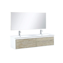 Load image into Gallery viewer, Scopi 60&quot; Rustic Acacia Double Bathroom Vanity, Acrylic Composite Top with Integrated Sinks, Labaro Brushed Nickel Faucet Set, and 55&quot; Frameless Mirror - LSC60DRAOSM55FBN