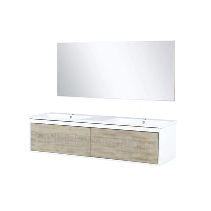 Scopi 60" Rustic Acacia Double Bathroom Vanity, Acrylic Composite Top with Integrated Sinks, and 55" Frameless Mirror - LSC60DRAOSM55