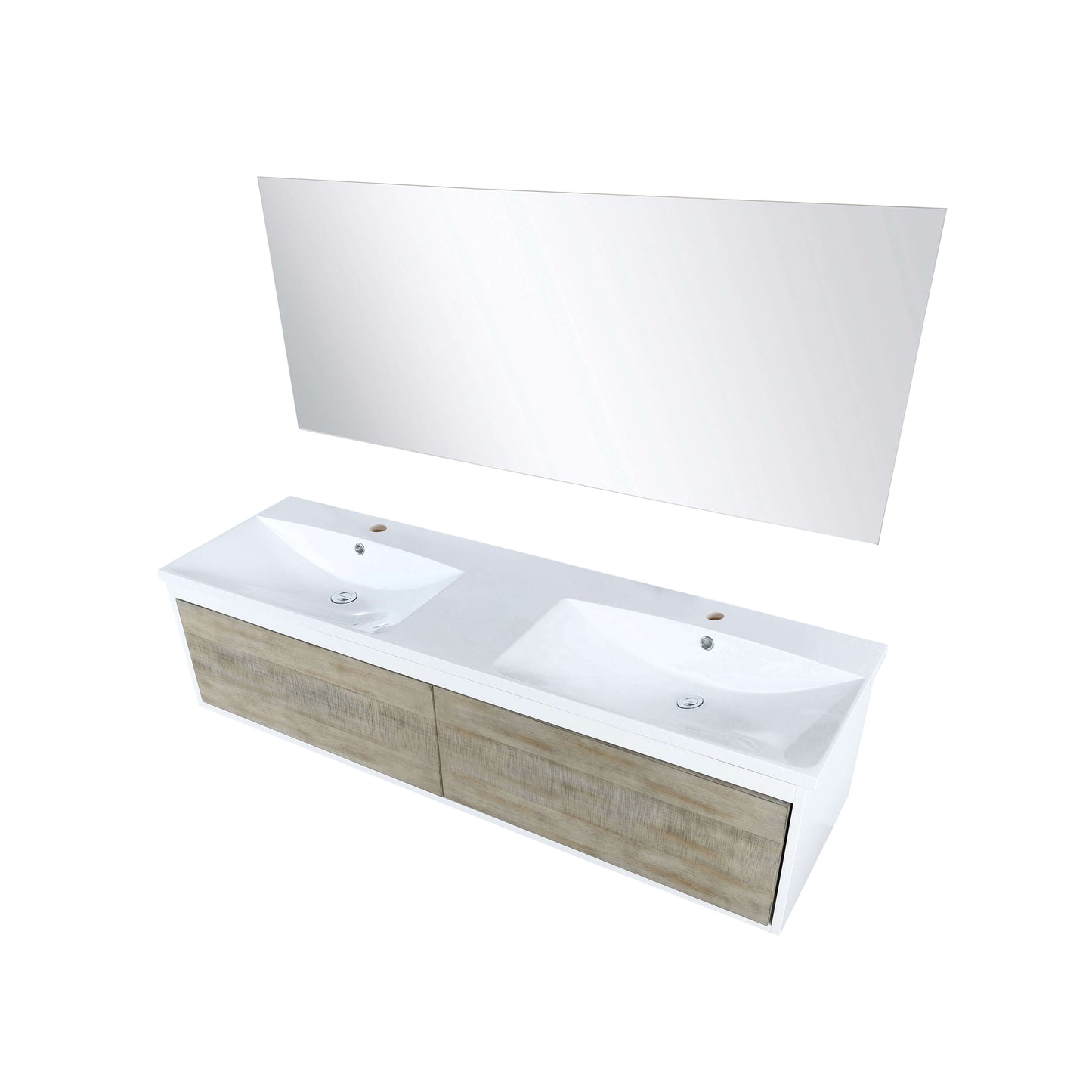 Scopi 60" Rustic Acacia Double Bathroom Vanity, Acrylic Composite Top with Integrated Sinks, and 55" Frameless Mirror - LSC60DRAOSM55