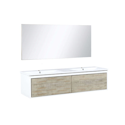 Scopi 60" Rustic Acacia Double Bathroom Vanity, Acrylic Composite Top with Integrated Sinks, and 55" Frameless Mirror - LSC60DRAOSM55