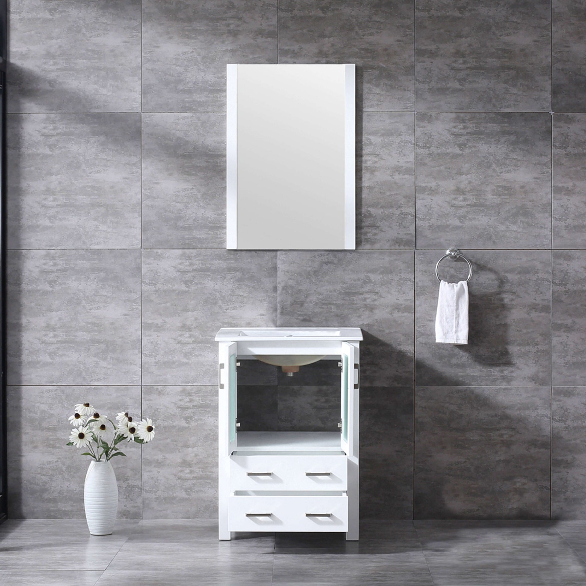 Volez 24" White Single Vanity, Integrated Top, White Integrated Square Sink and 22" Mirror - LV341824SAESM22