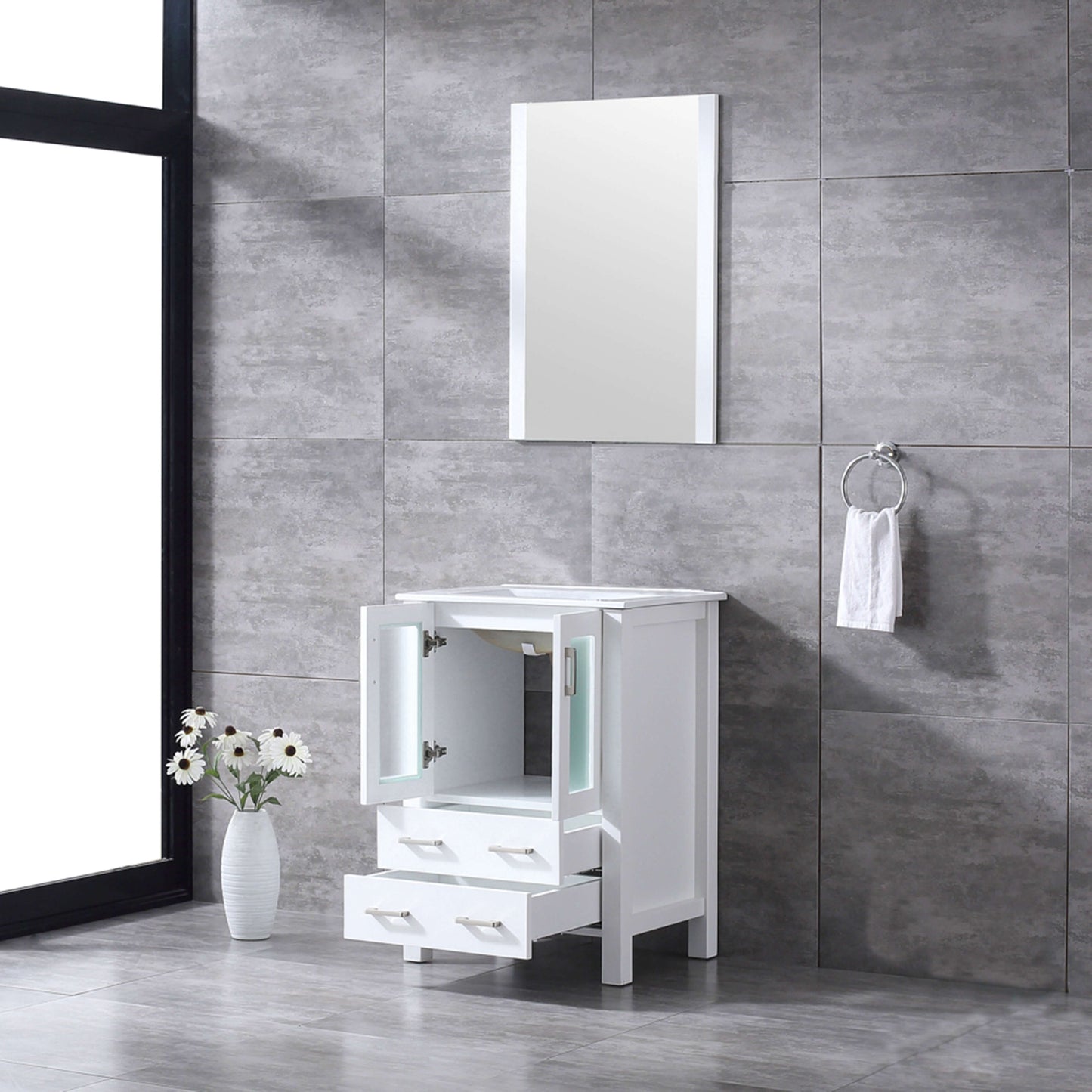 Volez 24" White Single Vanity, Integrated Top, White Integrated Square Sink and 22" Mirror - LV341824SAESM22