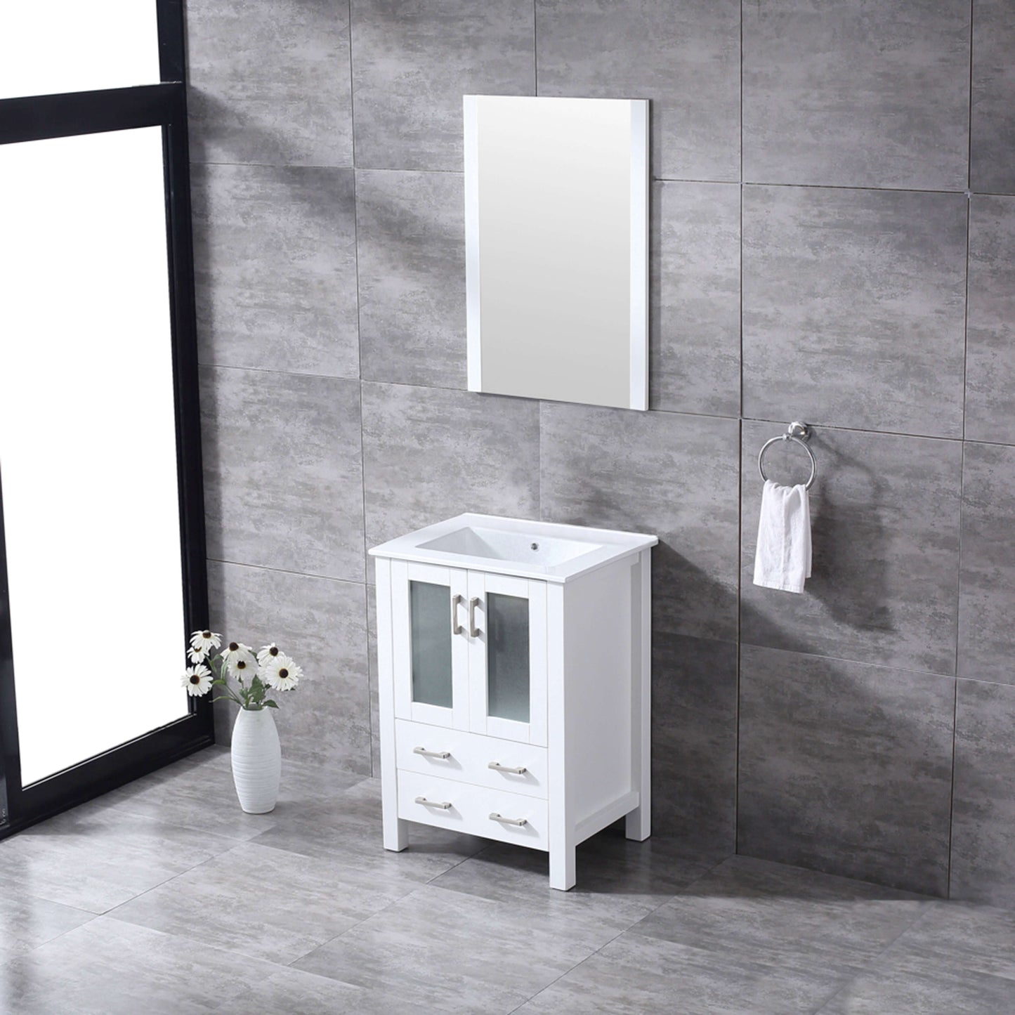 Volez 24" White Single Vanity, Integrated Top, White Integrated Square Sink and 22" Mirror - LV341824SAESM22