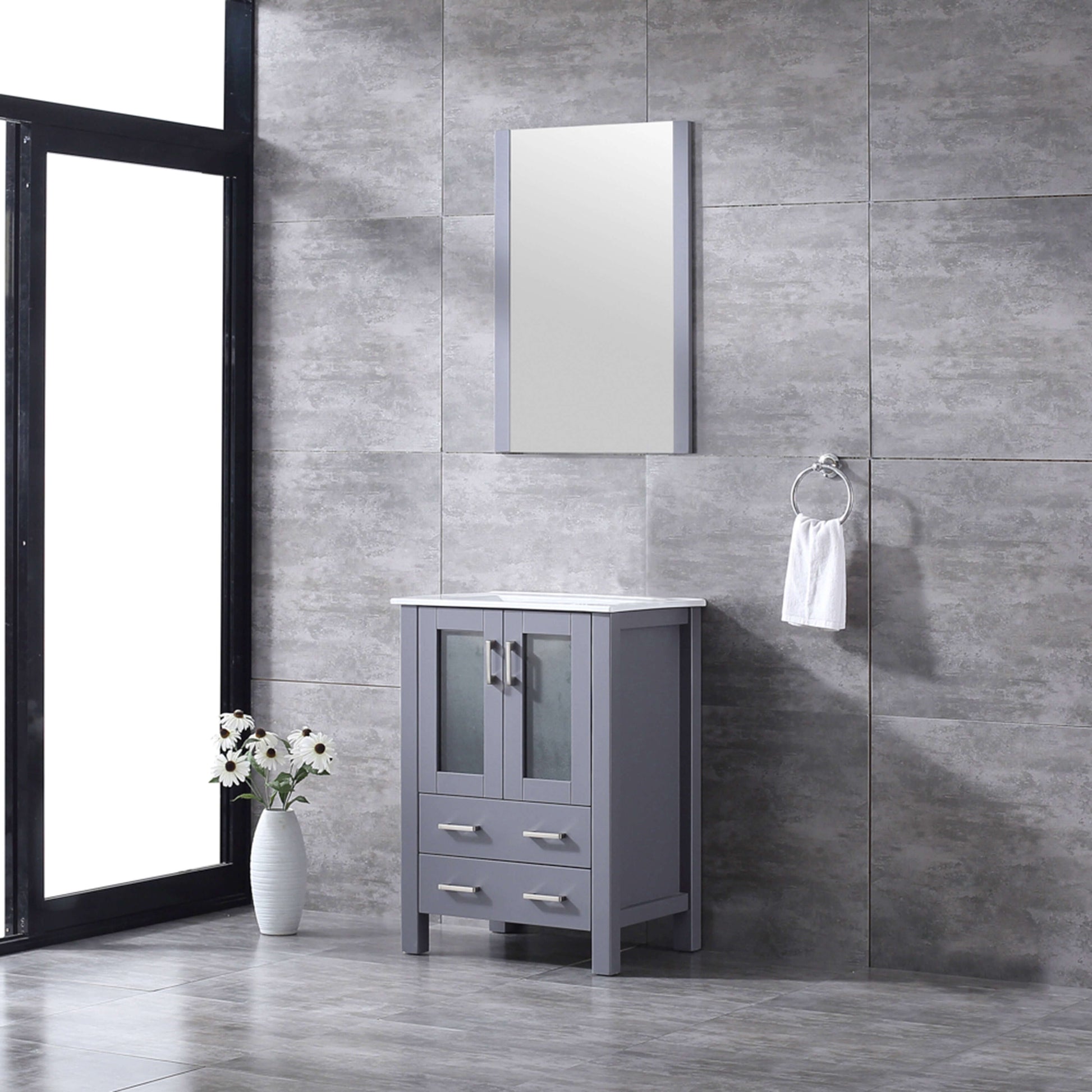 Volez 24" Dark Grey Single Vanity, Integrated Top, White Integrated Square Sink and 22" Mirror - LV341824SBESM22