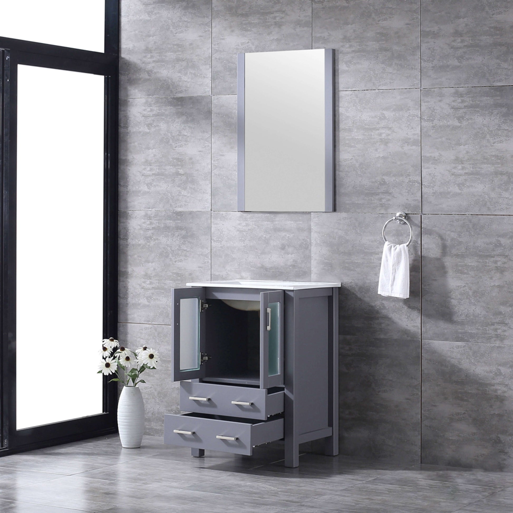 Volez 24" Dark Grey Single Vanity, Integrated Top, White Integrated Square Sink and 22" Mirror - LV341824SBESM22