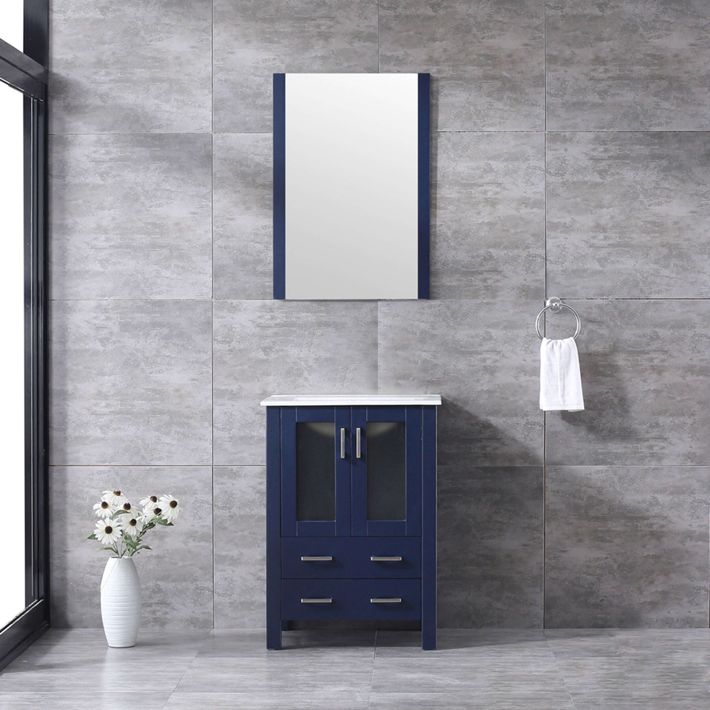 Volez 24" Navy Blue Single Vanity, Integrated Top, White Integrated Square Sink and 22" Mirror - LV341824SEESM22