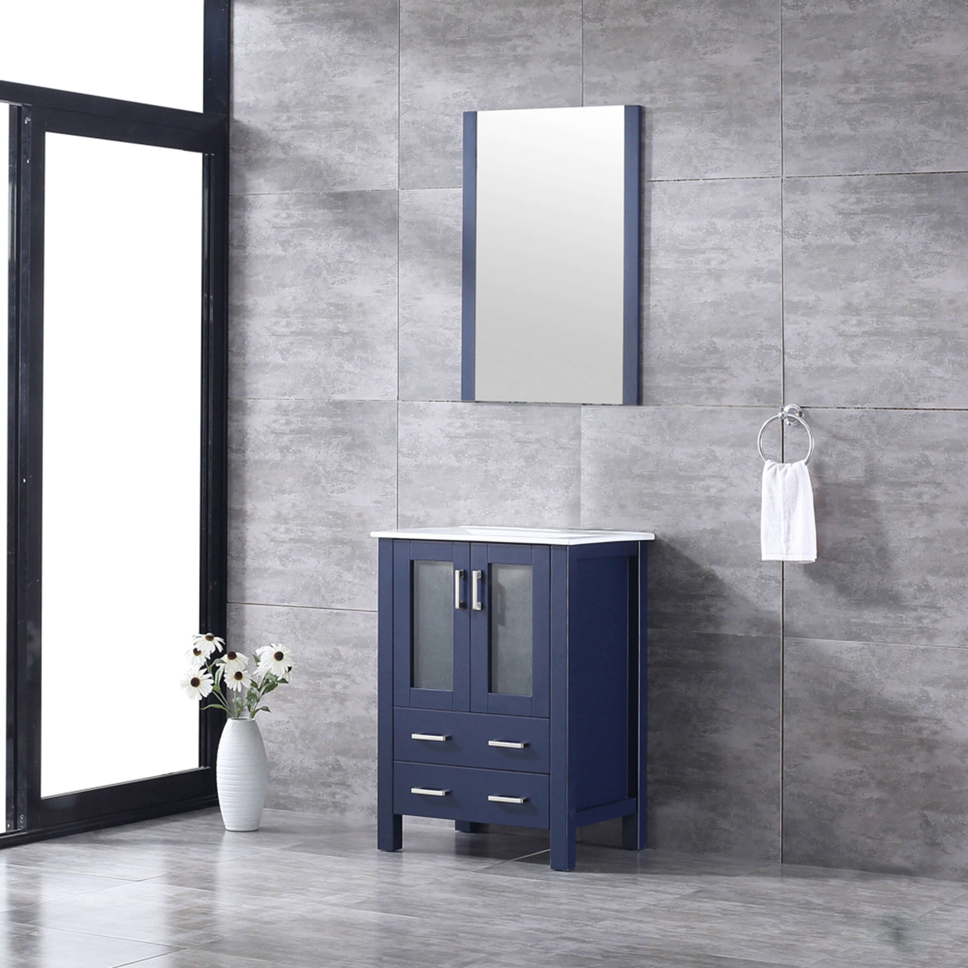 Volez 24" Navy Blue Single Vanity, Integrated Top, White Integrated Square Sink and 22" Mirror - LV341824SEESM22