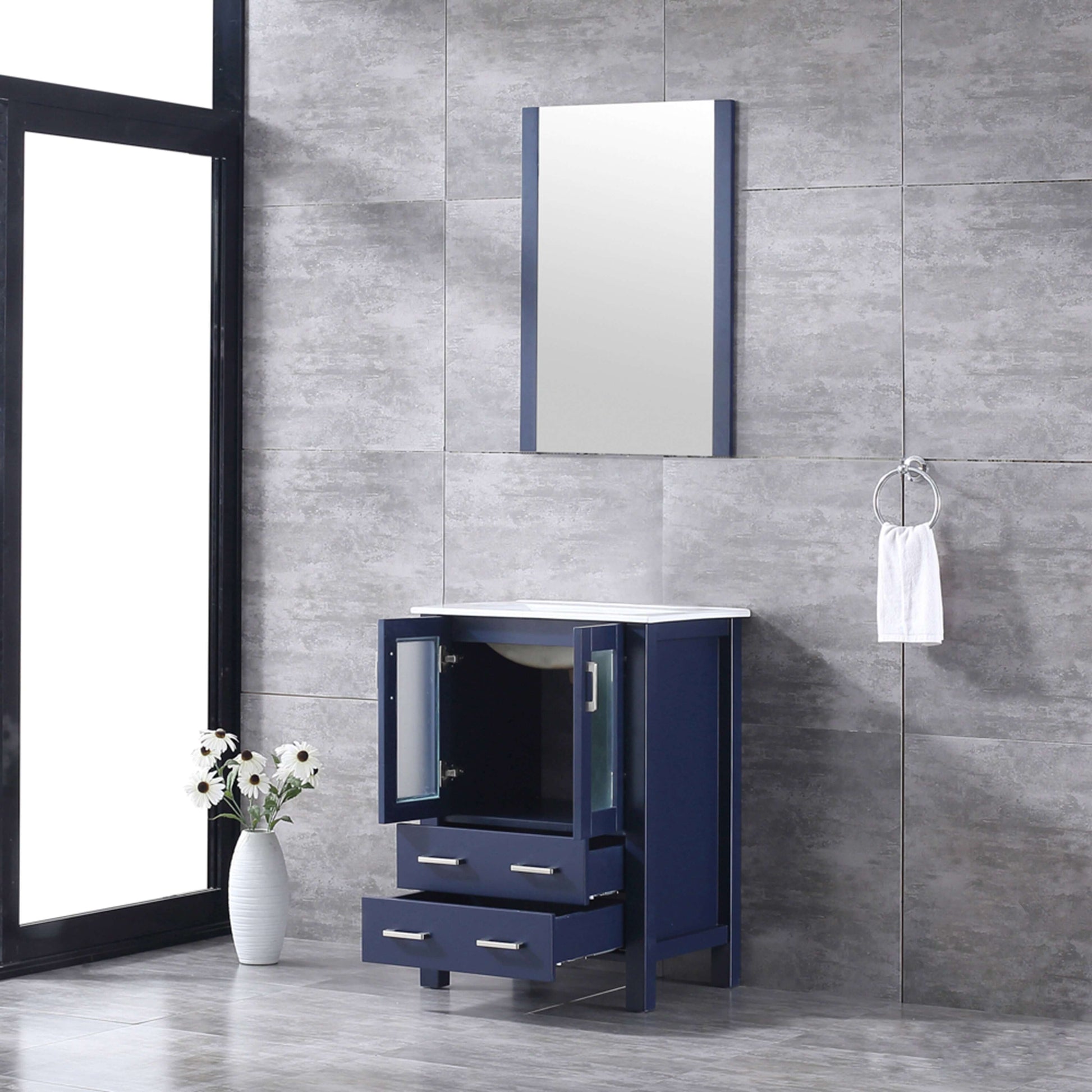 Volez 24" Navy Blue Single Vanity, Integrated Top, White Integrated Square Sink and 22" Mirror - LV341824SEESM22