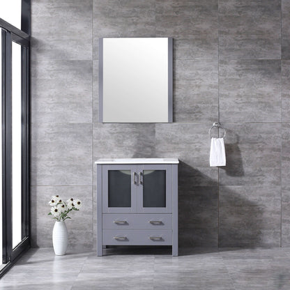 Volez 30" Dark Grey Single Vanity, Integrated Top, White Integrated Square Sink and 28" Mirror - LV341830SBESM28