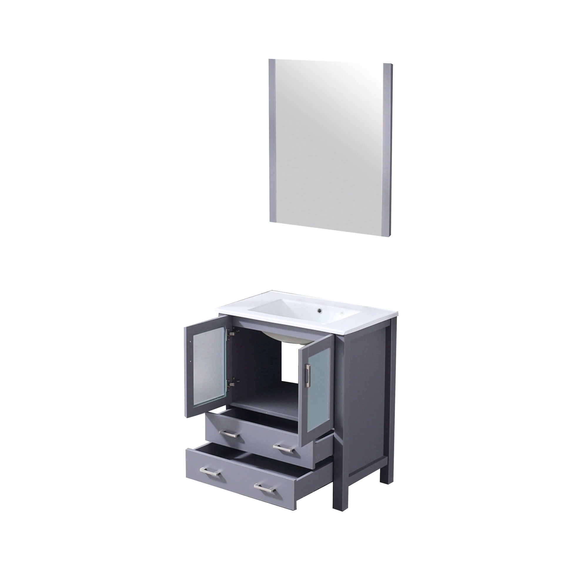 Volez 30" Dark Grey Single Vanity, Integrated Top, White Integrated Square Sink and 28" Mirror - LV341830SBESM28