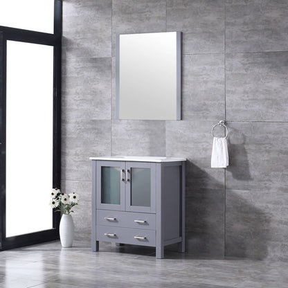 Volez 30" Dark Grey Single Vanity, Integrated Top, White Integrated Square Sink and 28" Mirror - LV341830SBESM28