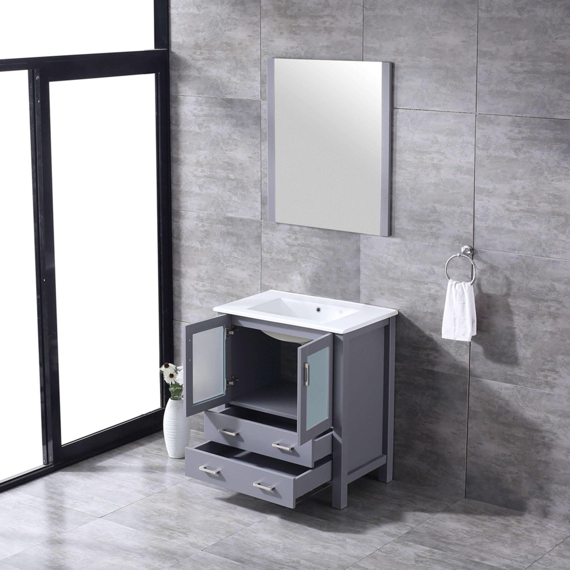 Volez 30" Dark Grey Single Vanity, Integrated Top, White Integrated Square Sink and 28" Mirror - LV341830SBESM28