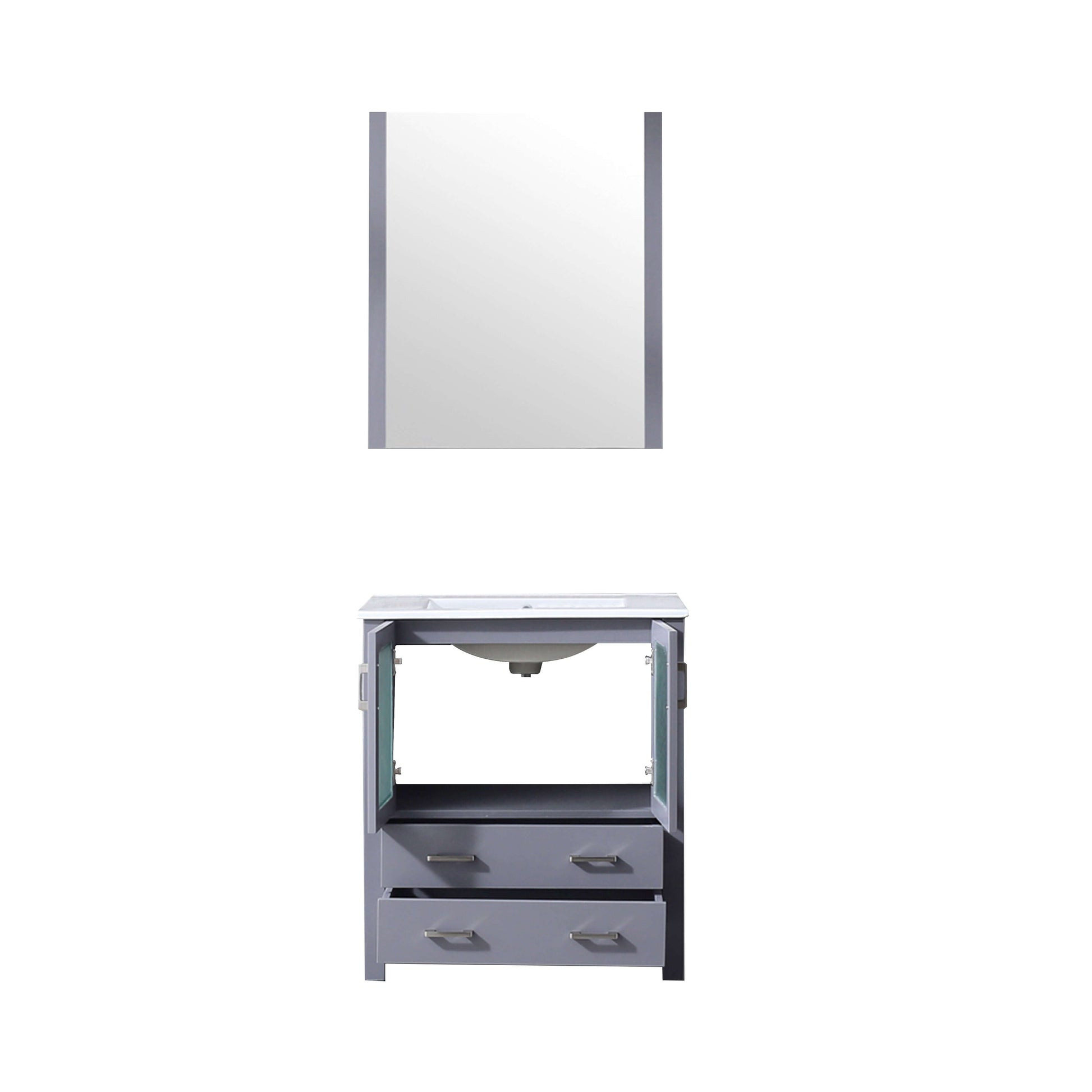 Volez 30" Dark Grey Single Vanity, Integrated Top, White Integrated Square Sink and 28" Mirror - LV341830SBESM28