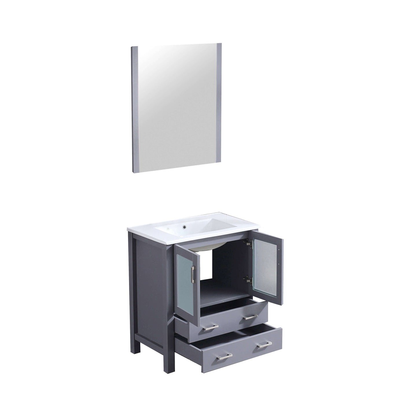 Volez 30" Dark Grey Single Vanity, Integrated Top, White Integrated Square Sink and 28" Mirror - LV341830SBESM28