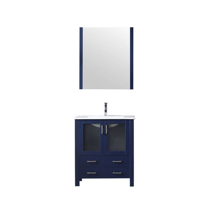 Volez 30" Navy Blue Single Vanity, Integrated Top, White Integrated Square Sink and 28" Mirror - LV341830SEESM28