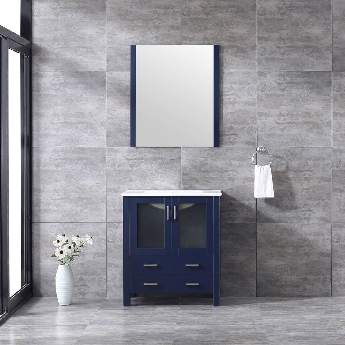 Volez 30" Navy Blue Single Vanity, Integrated Top, White Integrated Square Sink and 28" Mirror - LV341830SEESM28