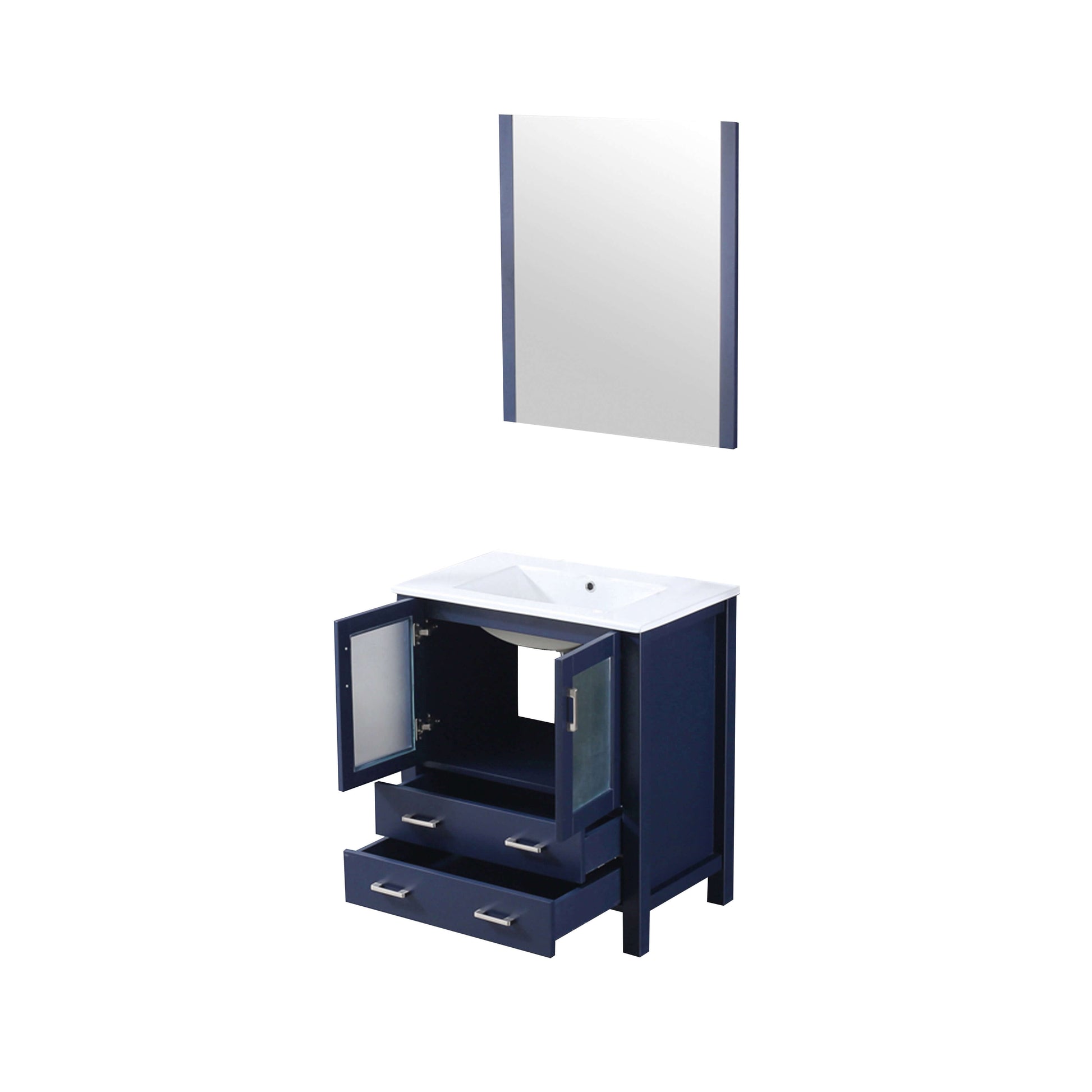 Volez 30" Navy Blue Single Vanity, Integrated Top, White Integrated Square Sink and 28" Mirror - LV341830SEESM28