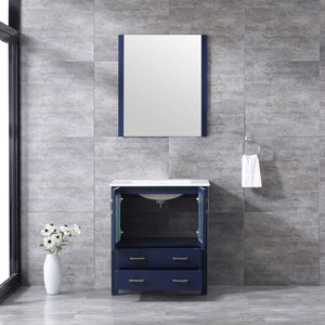 Volez 30" Navy Blue Single Vanity, Integrated Top, White Integrated Square Sink and 28" Mirror - LV341830SEESM28