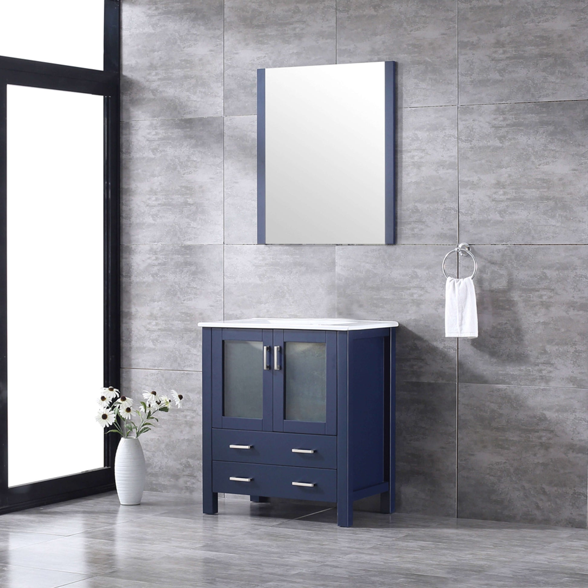 Volez 30" Navy Blue Single Vanity, Integrated Top, White Integrated Square Sink and 28" Mirror - LV341830SEESM28