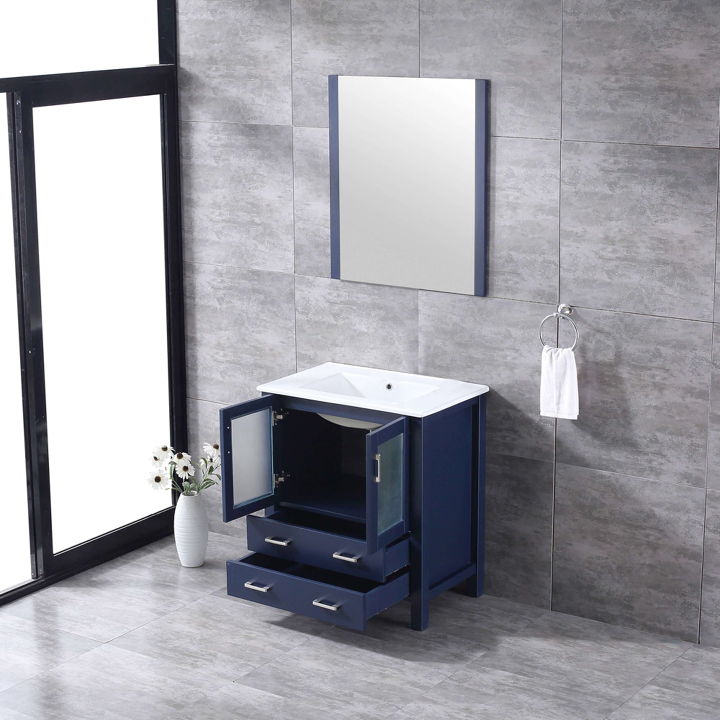 Volez 30" Navy Blue Single Vanity, Integrated Top, White Integrated Square Sink and 28" Mirror - LV341830SEESM28