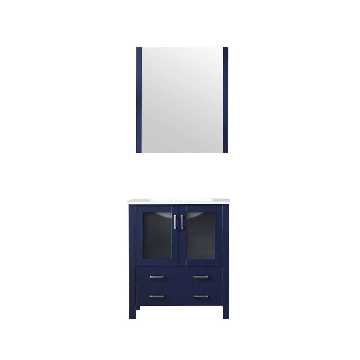 Volez 30" Navy Blue Single Vanity, Integrated Top, White Integrated Square Sink and 28" Mirror - LV341830SEESM28