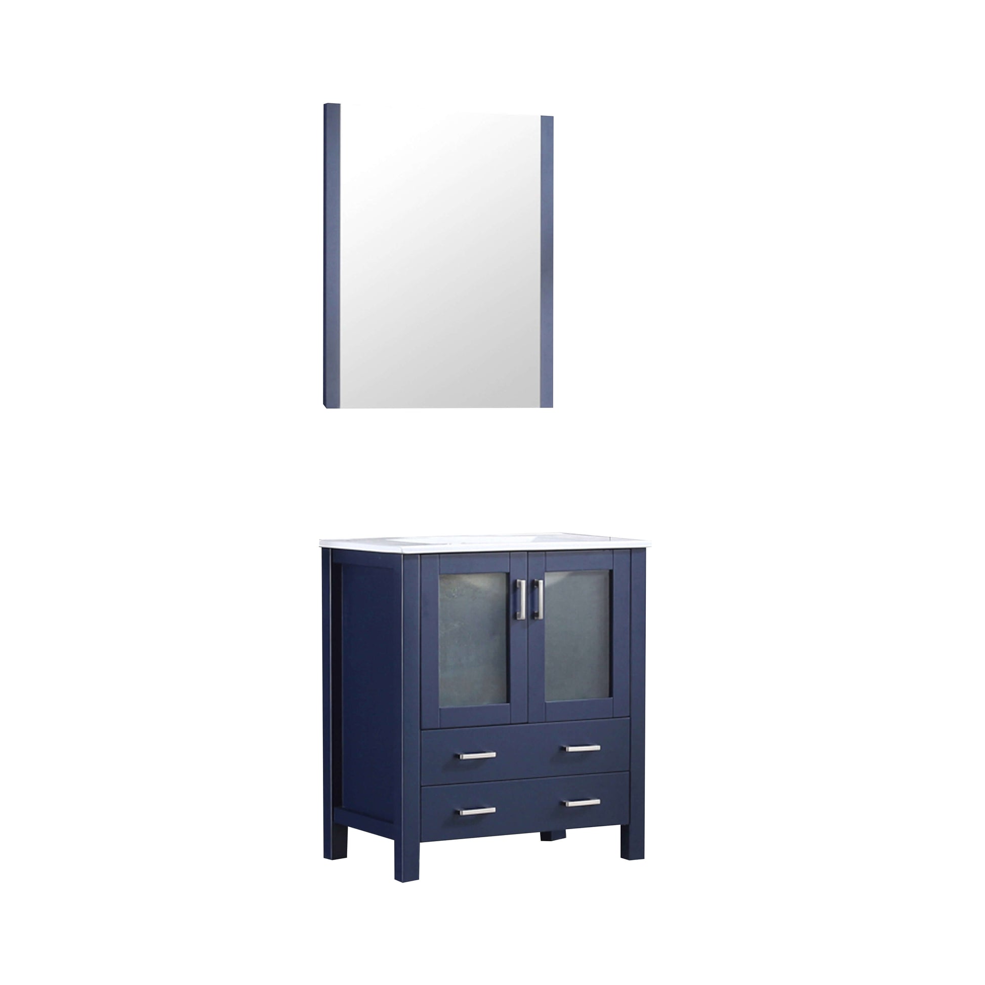 Volez 30" Navy Blue Single Vanity, Integrated Top, White Integrated Square Sink and 28" Mirror - LV341830SEESM28