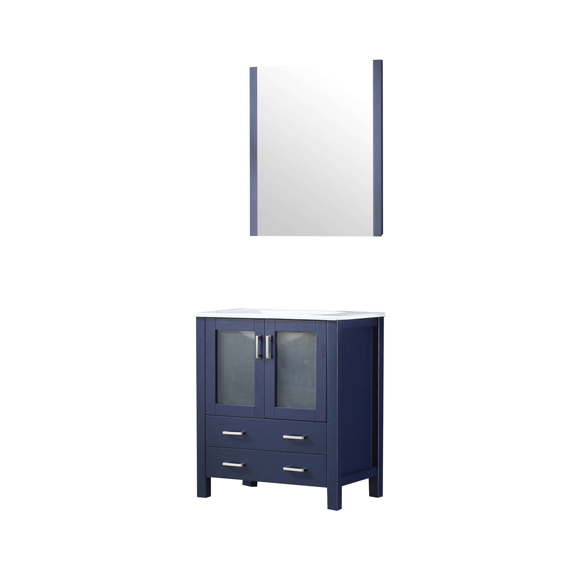 Volez 30" Navy Blue Single Vanity, Integrated Top, White Integrated Square Sink and 28" Mirror - LV341830SEESM28